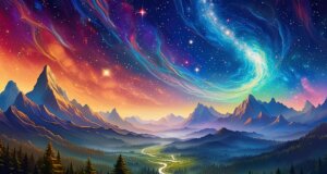 A majestic view of the cosmos, filled with swirling nebulae, vibrant galaxies, and distant stars. Divide the image into two sections, with the left side representing the visible light spectrum (colors we can see) and the right side representing the infrared spectrum (invisible to human eyes).