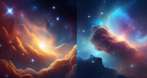 A nebula shrouded in a thick cloud of dust, with a faint glow emanating from behind it. Next to it, a similar nebula with the dust cloud partially cleared away, revealing a young star forming within.