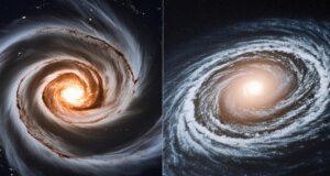 Divide the image into two sections. On the left side, depict a majestic spiral galaxy in stunning detail, showcasing its colorful arms and bright core. On the right side, portray a faint, hazy outline of a more distant galaxy, barely visible through the cosmic dust.